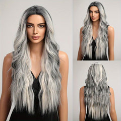 Long Wavy Wig With Highlights Ombre Grey Curly Synthetic Wig for Women