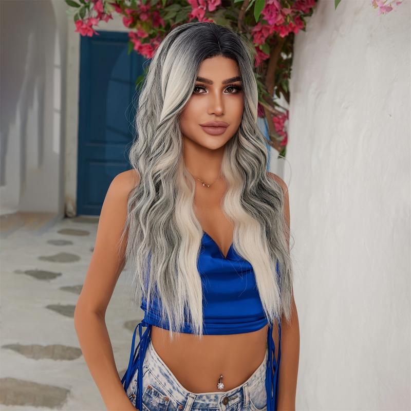 Long Wavy Wig With Highlights Ombre Grey Curly Synthetic Wig for Women
