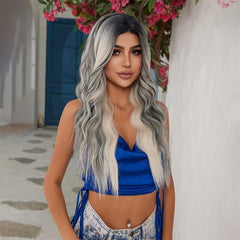 Long Wavy Wig With Highlights Ombre Grey Curly Synthetic Wig for Women