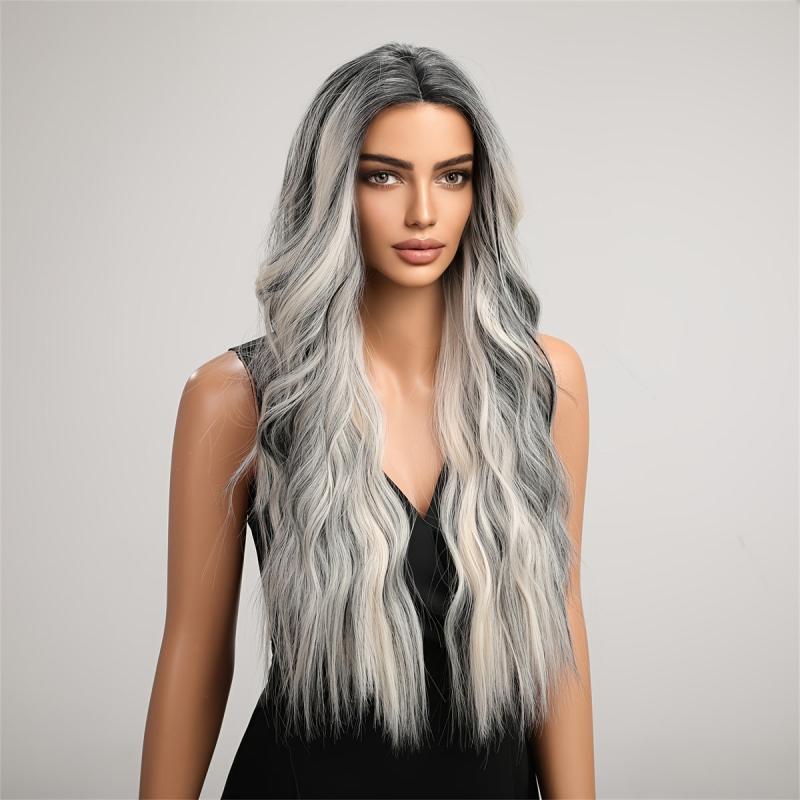 Long Wavy Wig With Highlights Ombre Grey Curly Synthetic Wig for Women