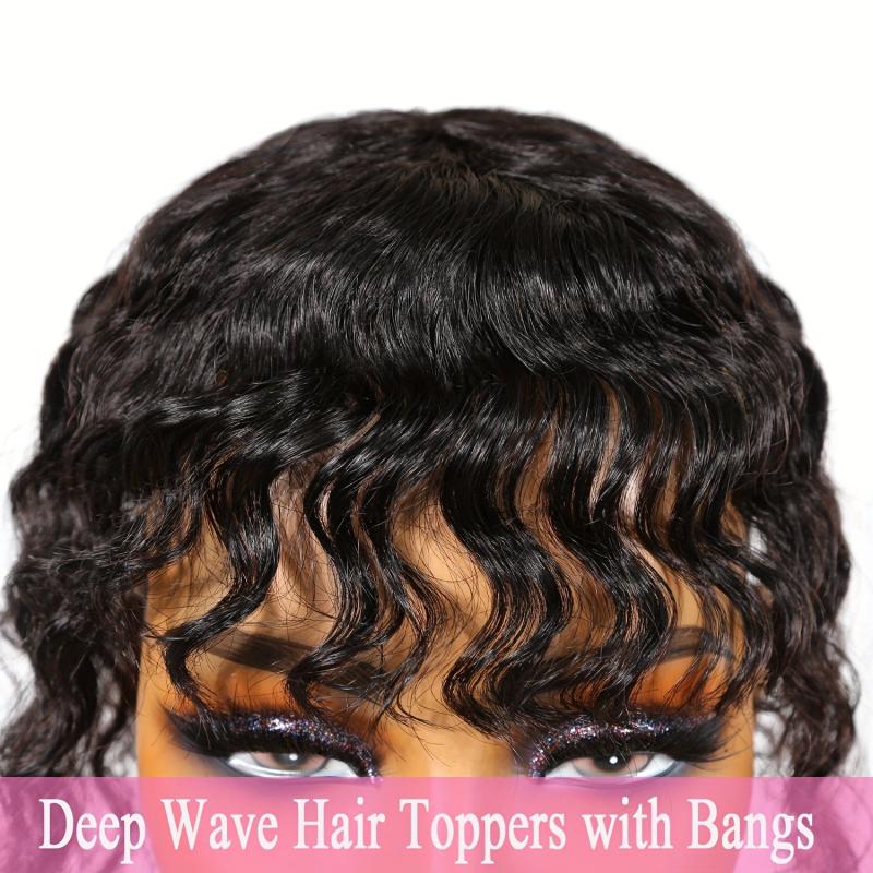 Human Hair Topper Deep Wave Hairpieces With Bangs