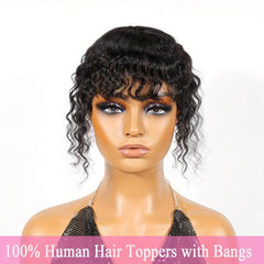 Human Hair Topper Deep Wave Hairpieces With Bangs
