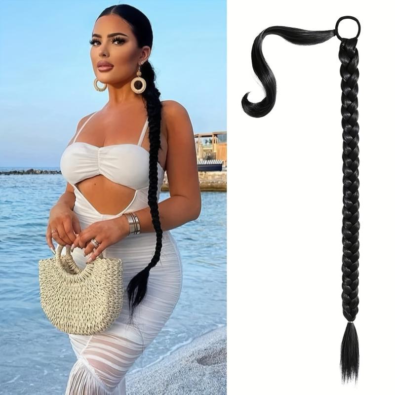 Braided Ponytail Extensions With Elastic Rubber Band Wrap Synthetic Hair