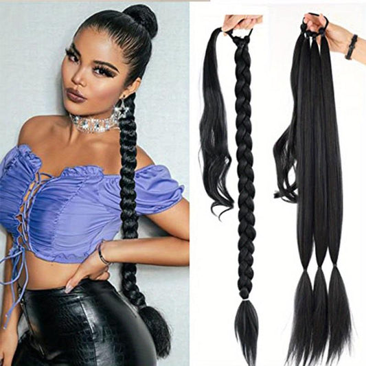 Braided Ponytail Extensions With Elastic Rubber Band Wrap Synthetic Hair