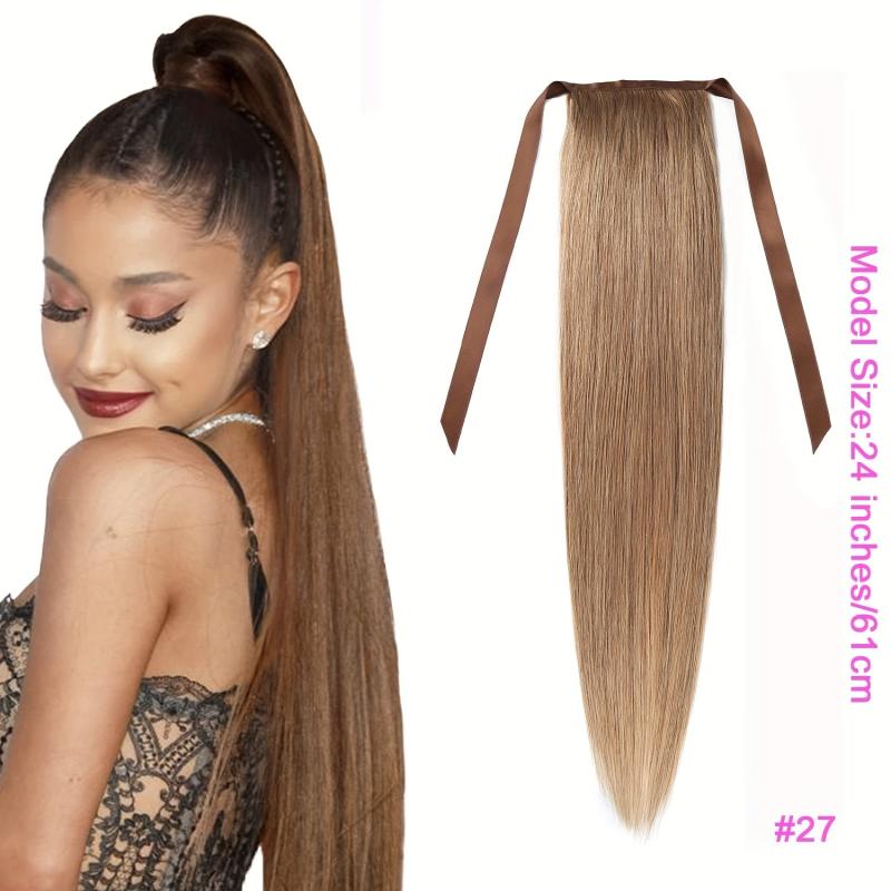 66cm Straight Ponytail Human Hair Extensions Ribbon Clip In Wrap Around Ponytail