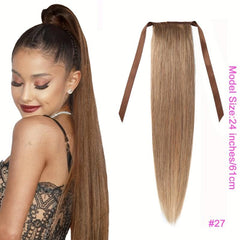 66cm Straight Ponytail Human Hair Extensions Ribbon Clip In Wrap Around Ponytail