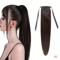 66cm Straight Ponytail Human Hair Extensions Ribbon Clip In Wrap Around Ponytail