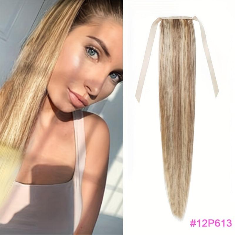 66cm Straight Ponytail Human Hair Extensions Ribbon Clip In Wrap Around Ponytail