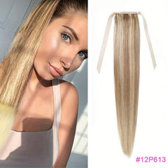 66cm Straight Ponytail Human Hair Extensions Ribbon Clip In Wrap Around Ponytail