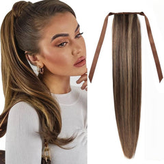 66cm Straight Ponytail Human Hair Extensions Ribbon Clip In Wrap Around Ponytail