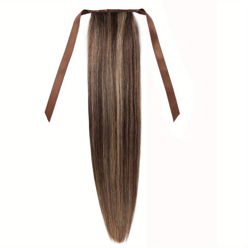 66cm Straight Ponytail Human Hair Extensions Ribbon Clip In Wrap Around Ponytail