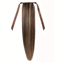 66cm Straight Ponytail Human Hair Extensions Ribbon Clip In Wrap Around Ponytail