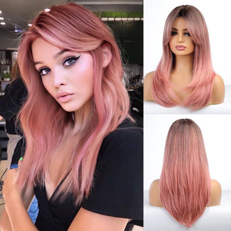 Heat Resistant Pink Ombre Straight Wig with Bangs Synthetic Hair Wig
