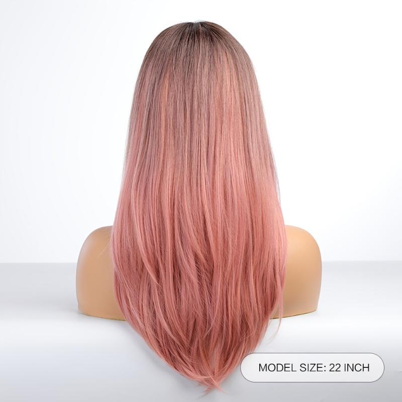 Heat Resistant Pink Ombre Straight Wig with Bangs Synthetic Hair Wig