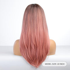 Heat Resistant Pink Ombre Straight Wig with Bangs Synthetic Hair Wig