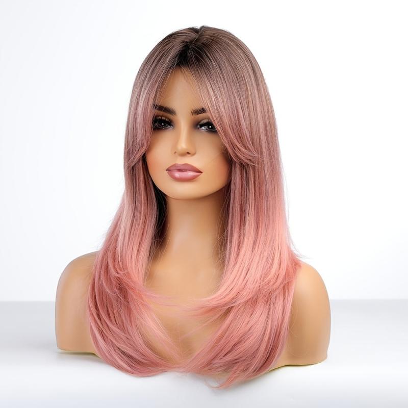 Heat Resistant Pink Ombre Straight Wig with Bangs Synthetic Hair Wig