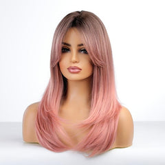 Heat Resistant Pink Ombre Straight Wig with Bangs Synthetic Hair Wig