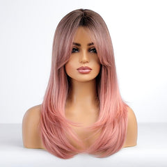 Heat Resistant Pink Ombre Straight Wig with Bangs Synthetic Hair Wig