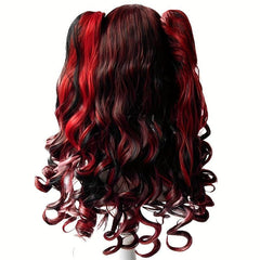 Red Highlight Long Wig with Bangs 2 Pigtails Synthetic Cosplay Wig