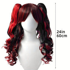 Red Highlight Long Wig with Bangs 2 Pigtails Synthetic Cosplay Wig