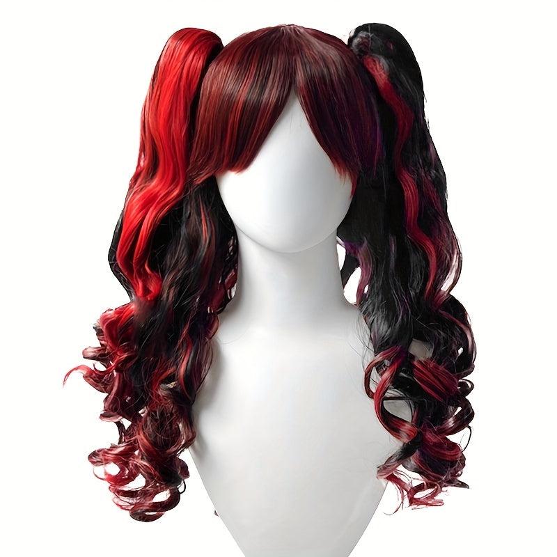 Red Highlight Long Wig with Bangs 2 Pigtails Synthetic Cosplay Wig