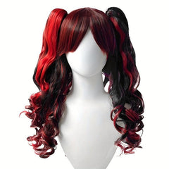 Red Highlight Long Wig with Bangs 2 Pigtails Synthetic Cosplay Wig