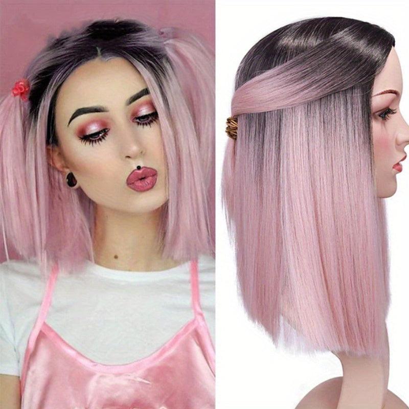 Ombre 35 56 Cm Straight Bob Cut Hair Wigs Dark Root Middle Part Hair Wigs
