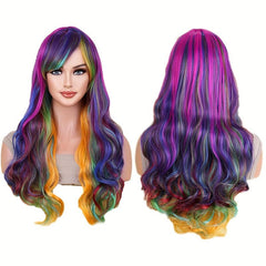 Colorful Long Curly Wavy Wig With Bangs Synthetic Wig Beginners Friendly