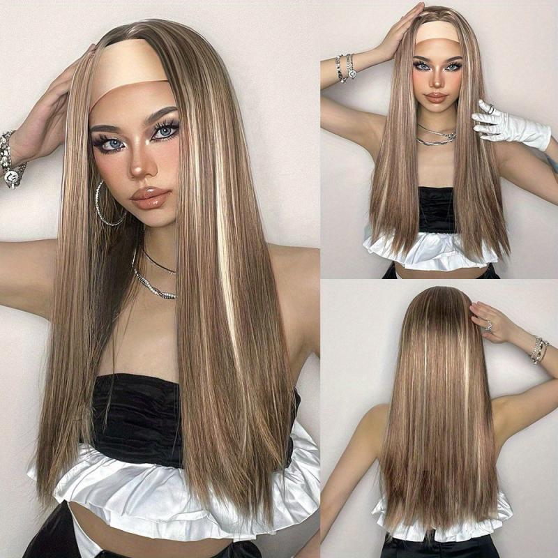 Brown Long Straight Hair Headband Wigs Synthetic Hair Replacement