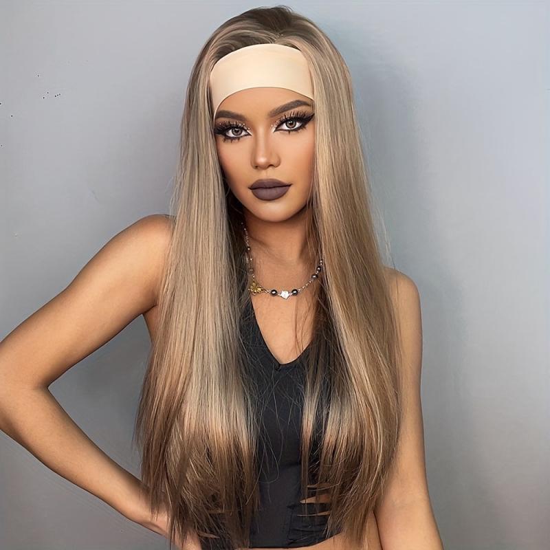 Brown Long Straight Hair Headband Wigs Synthetic Hair Replacement