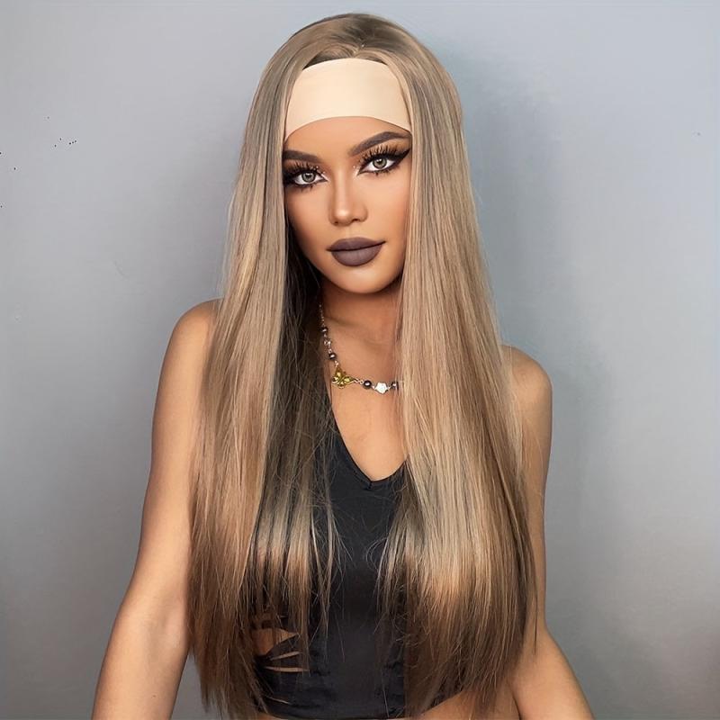 Brown Long Straight Hair Headband Wigs Synthetic Hair Replacement