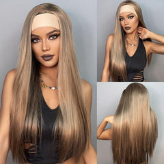 Brown Long Straight Hair Headband Wigs Synthetic Hair Replacement