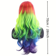Rainbow Curly Wavy Wig With Bangs Synthetic Costume Wig For Halloween Party