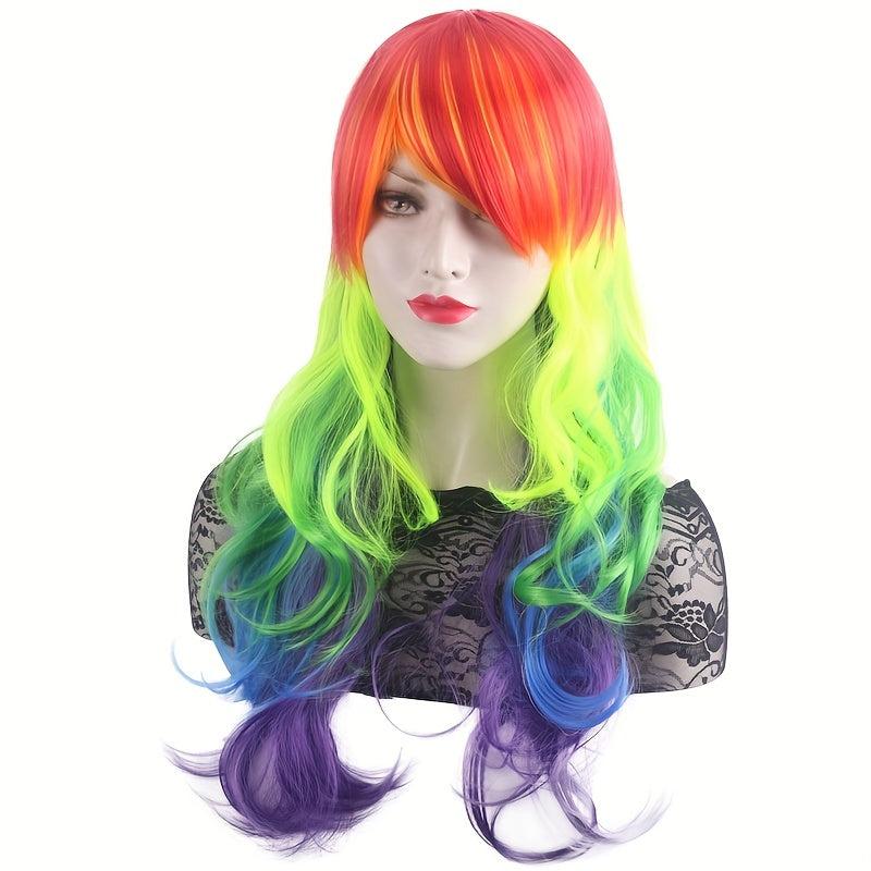 Rainbow Curly Wavy Wig With Bangs Synthetic Costume Wig For Halloween Party