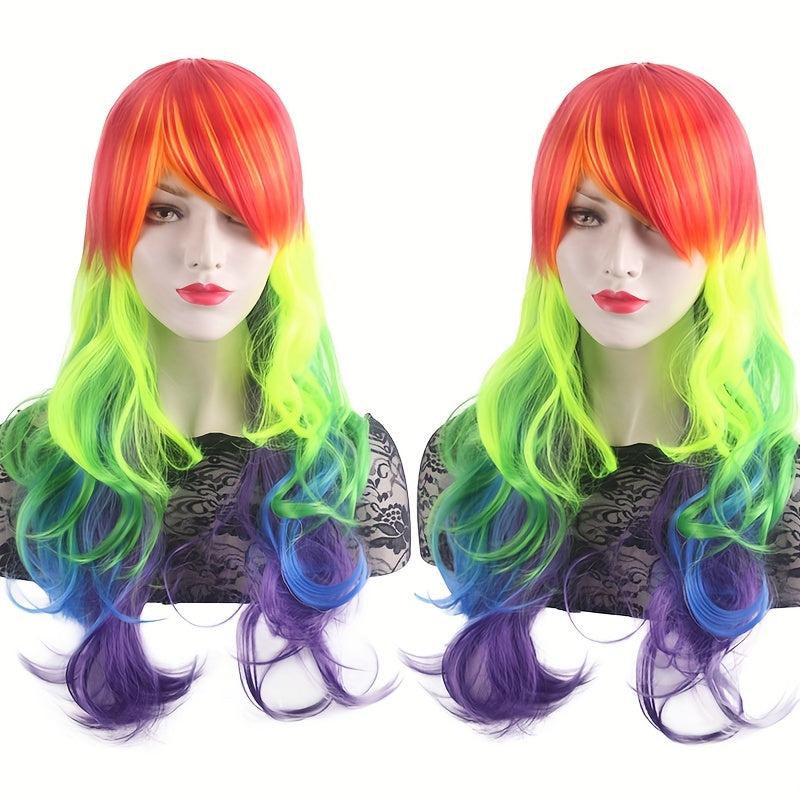 Rainbow Curly Wavy Wig With Bangs Synthetic Costume Wig For Halloween Party