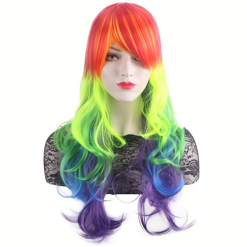 Rainbow Curly Wavy Wig With Bangs Synthetic Costume Wig For Halloween Party