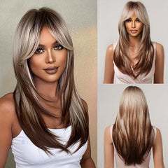 Ombre Copper Brown Long Straight Hair Wig Heat Resistant Synthetic Fiber