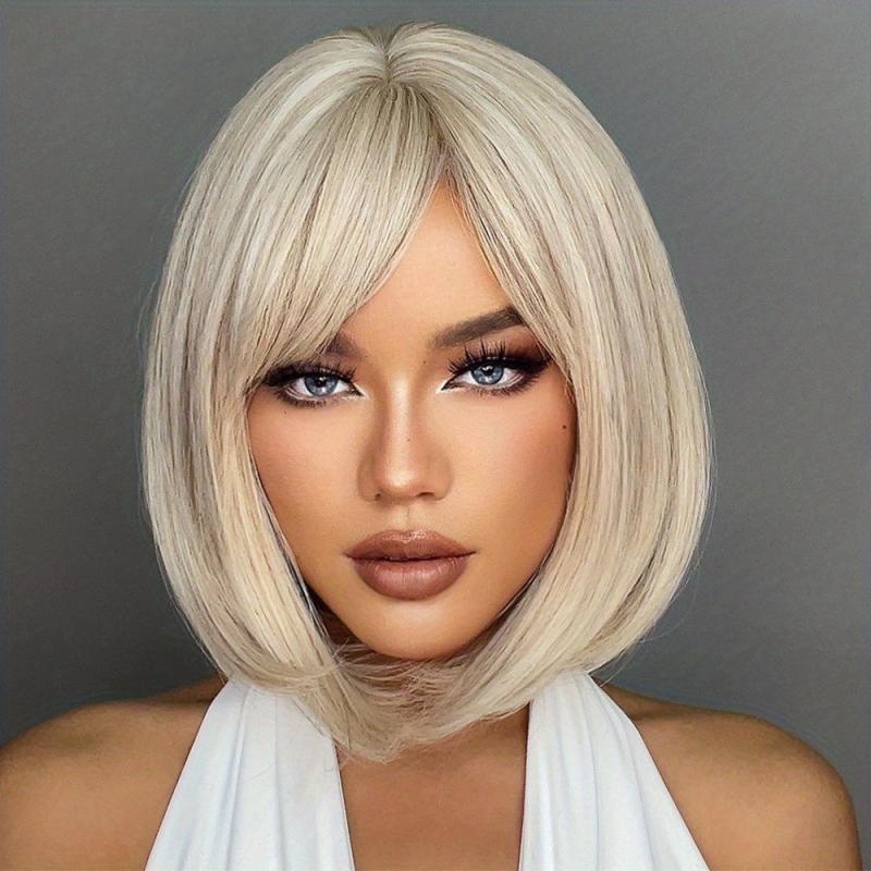 Ombre Platinum Blonde Short Straight Wig Synthetic Hair for Cosplay & Party Wear