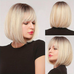 Ombre Platinum Blonde Short Straight Wig Synthetic Hair for Cosplay & Party Wear