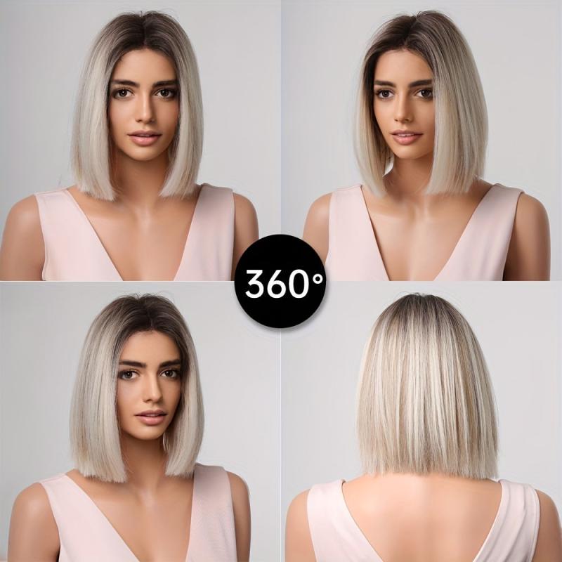 Ombre Platinum Blonde Short Straight Wig Synthetic Hair for Cosplay & Party Wear