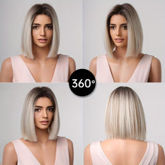 Ombre Platinum Blonde Short Straight Wig Synthetic Hair for Cosplay & Party Wear