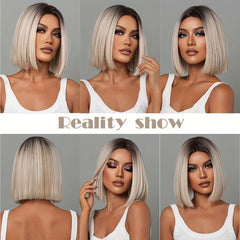 Ombre Platinum Blonde Short Straight Wig Synthetic Hair for Cosplay & Party Wear