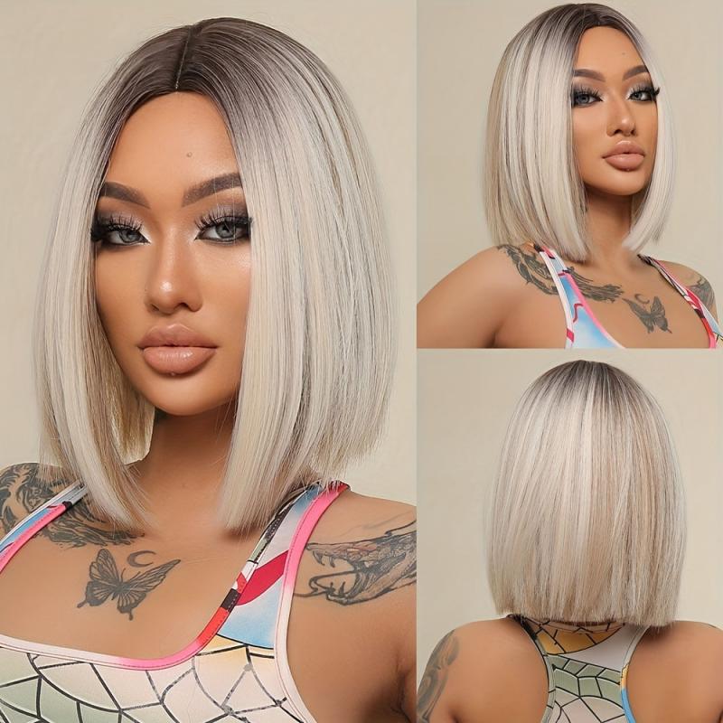 Ombre Platinum Blonde Short Straight Wig Synthetic Hair for Cosplay & Party Wear
