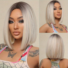 Ombre Platinum Blonde Short Straight Wig Synthetic Hair for Cosplay & Party Wear