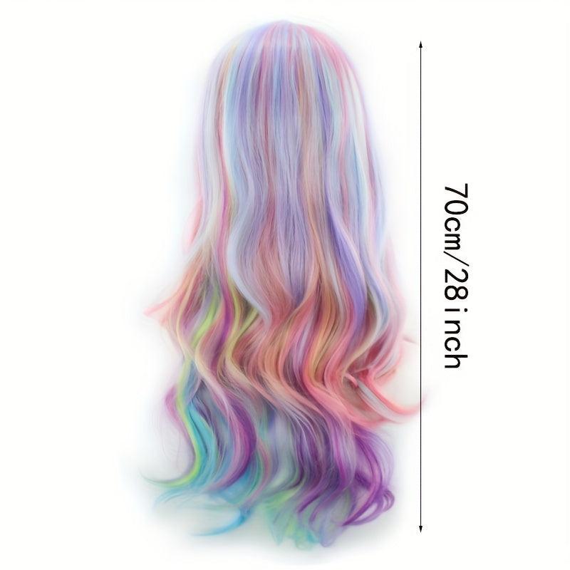 Rainbow Highlight Long Curly Wig - Fashionable Synthetic Hair for Cosplay Party