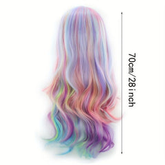 Rainbow Highlight Long Curly Wig - Fashionable Synthetic Hair for Cosplay Party