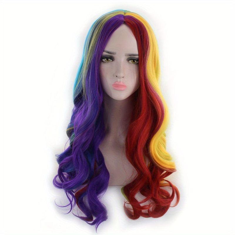 Rainbow Highlight Long Curly Wig - Fashionable Synthetic Hair for Cosplay Party