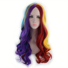 Rainbow Highlight Long Curly Wig - Fashionable Synthetic Hair for Cosplay Party