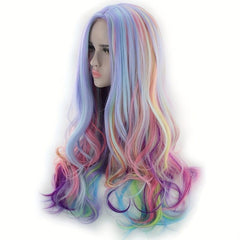 Rainbow Highlight Long Curly Wig - Fashionable Synthetic Hair for Cosplay Party
