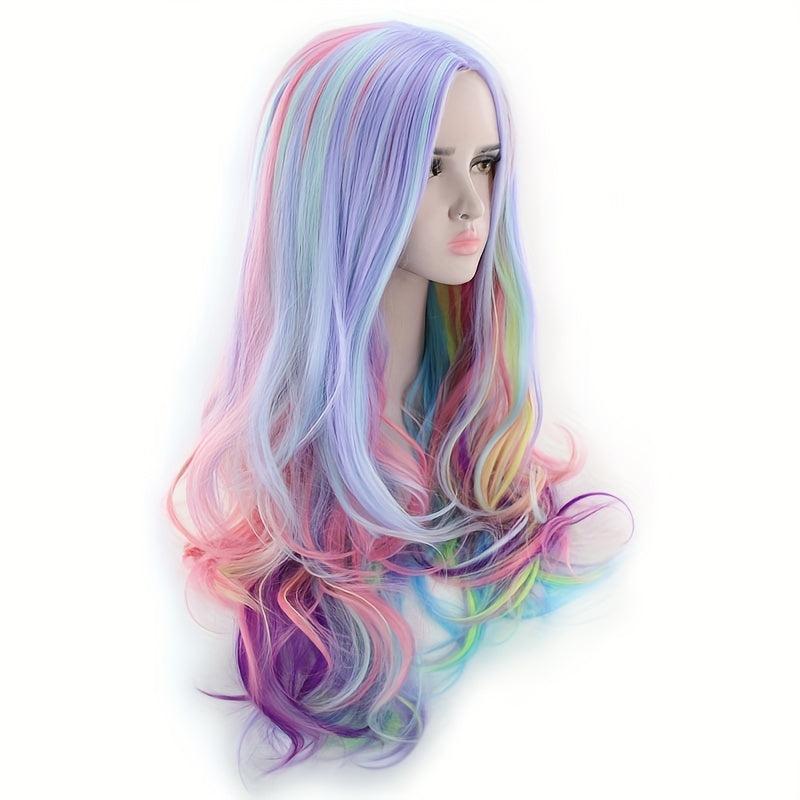 Rainbow Highlight Long Curly Wig - Fashionable Synthetic Hair for Cosplay Party